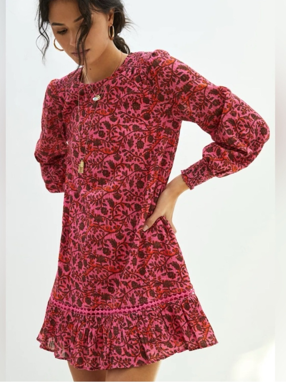 ·Anthropologie· Pink Cotton Floral Ruffle Mini Dress Size XS
